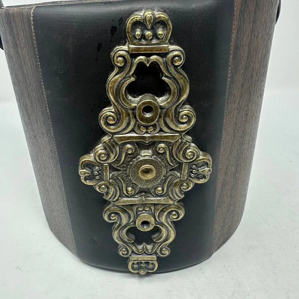 Elmar Mfg Ice Bucket Brown Faux Wood Gothic Ornate Crest Barware MCM